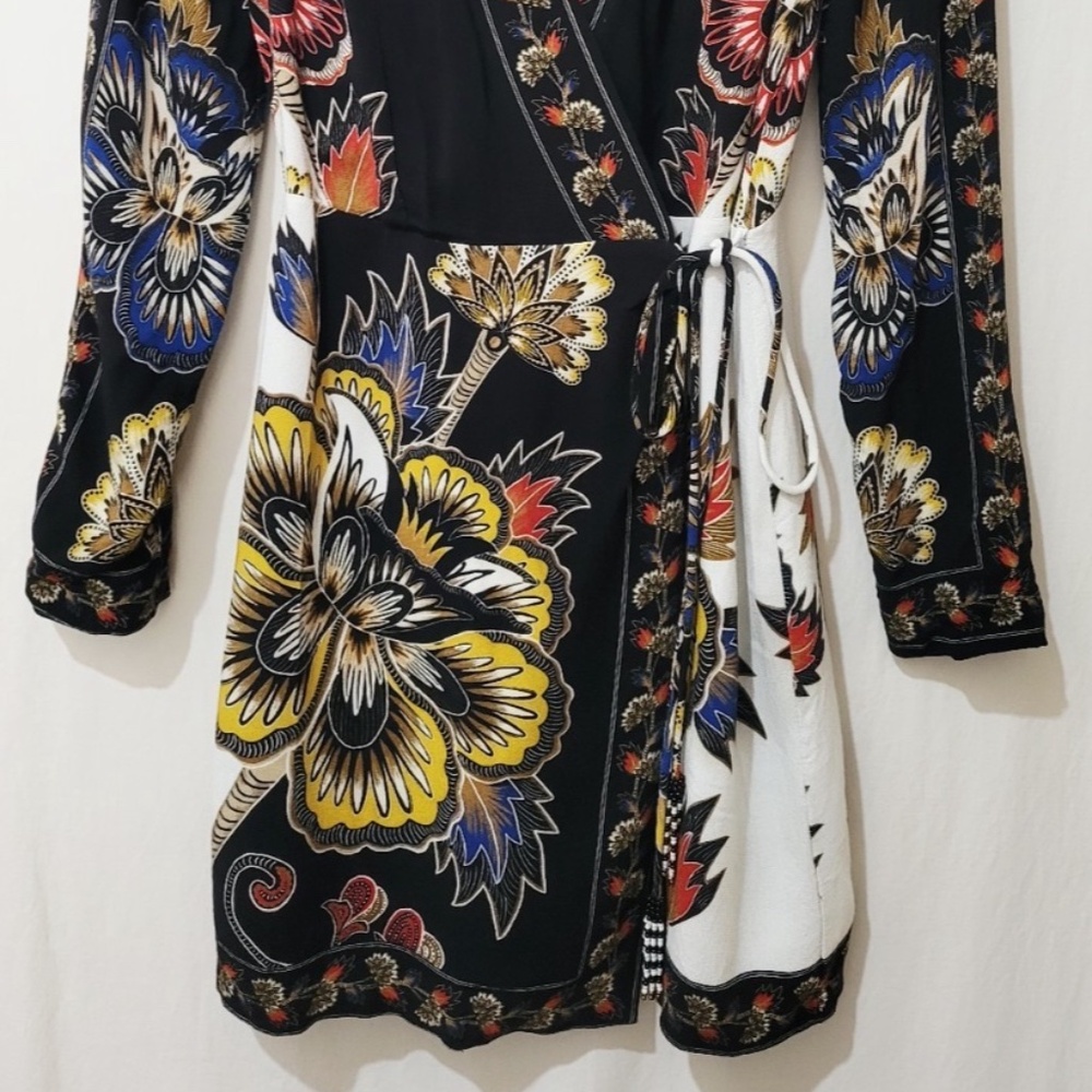 Farm Rio Maxi Floral Print Crepe Wrap Mini Dress in Black Multi - Picture 6 of 14